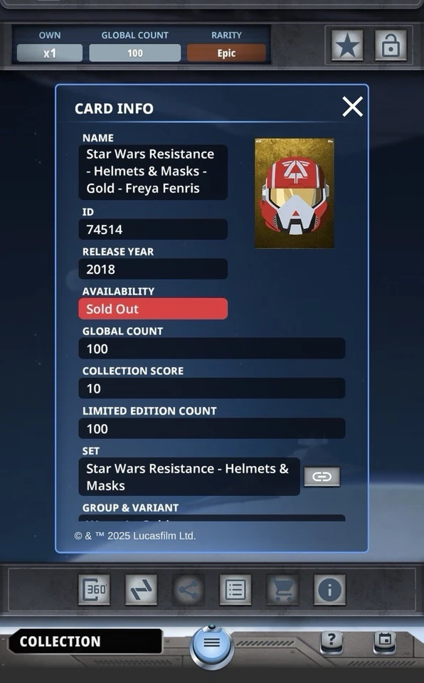 Star Wars Card Trader 2018 Resistance Helmets & Masks Freya Fenris 100cc Epic - Image 2 of 2