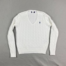 Polo Ralph Lauren Womens Cable Knit V neck Sweater White M Preppy pony