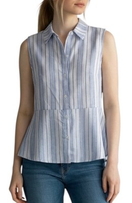 Love Notes Junior's Sleeveless Button Down Shirt 100% Cotton Size L Blue Striped