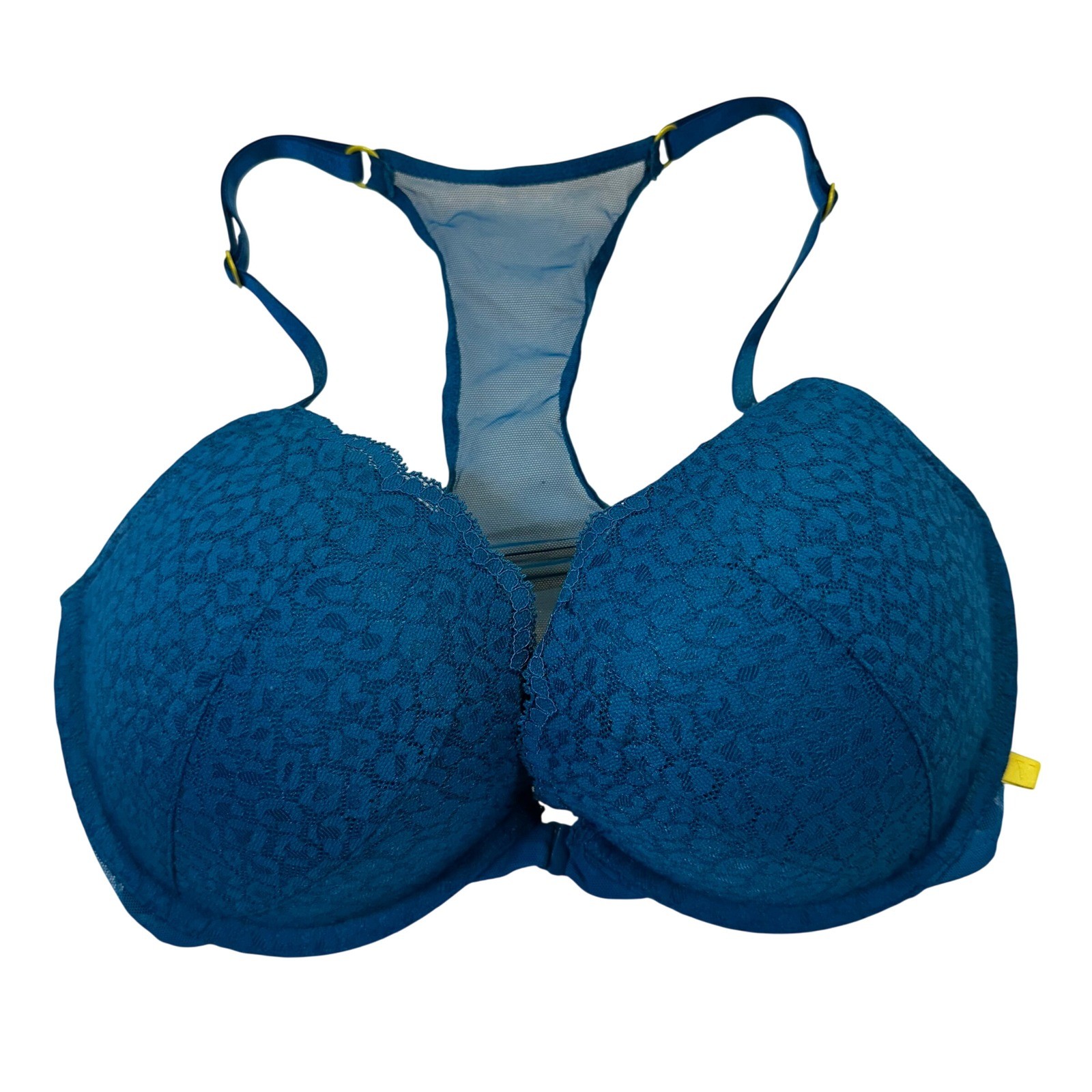 Victoria's Secret Push-Up Bra Women 34DD Blue Lace Racerback Sexy Front-Close