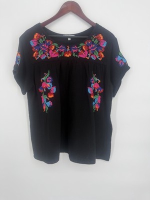 See N Be Seen Women's Black Colorful Embroidered Short Sleeve Top L Boho Peasant