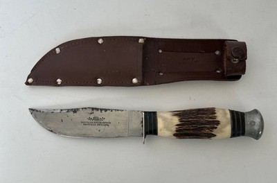 Vintage Southern & Richardson Stag Handle Hunting Knife With Leather Sheath