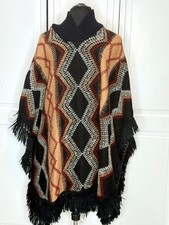 Boho Aztec Southwest Knit Poncho Fringe Turtleneck Cape 70s Style Vintage Look