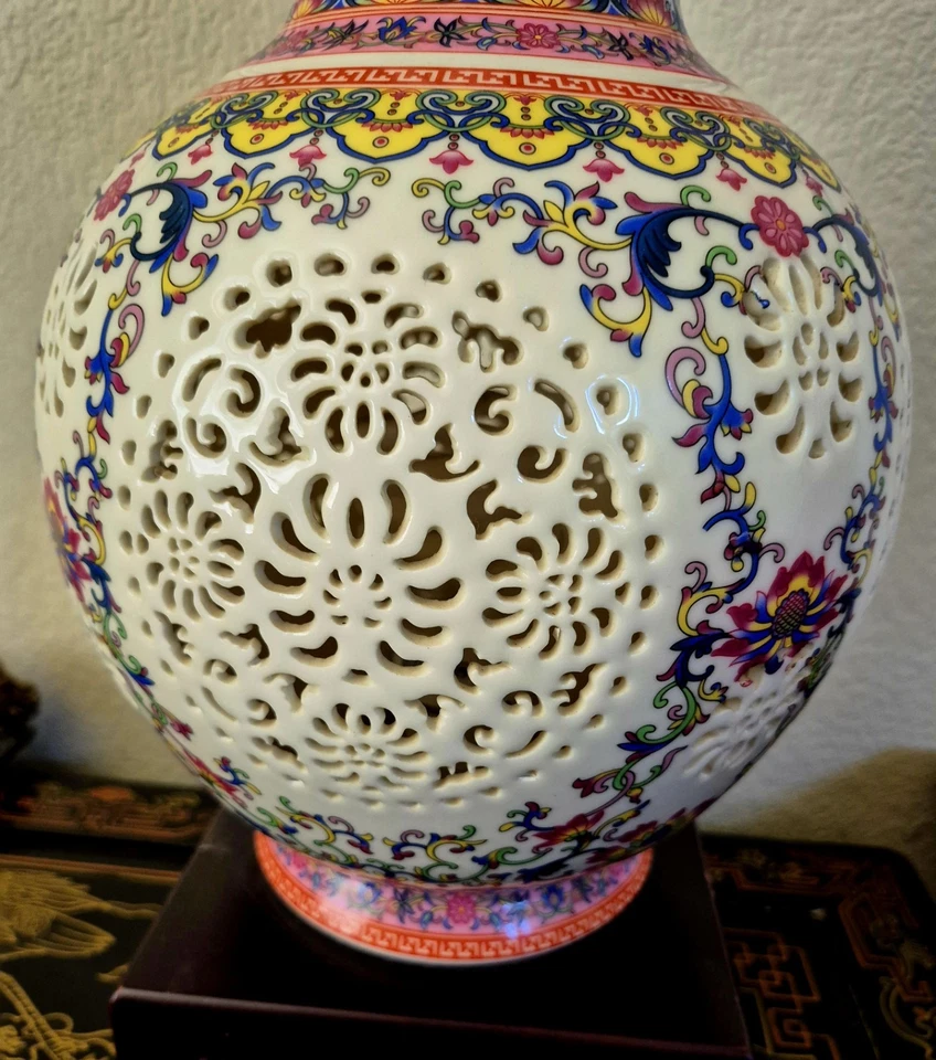 Antique Large Chinese Famille Rose Reticulated Pierced Vase Lamp Rare HTF As Is - Image 4 of 4