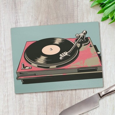 Vintage Vinyl Plattenspieler Glas Schneidebrett groß Küche Arbeitsplatte Sparer