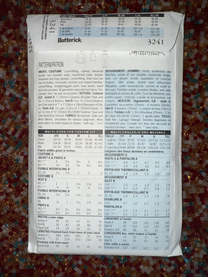 Butterick Pattern 3241 Men's Gangster Mobster Zoot Suit Costume Size XS-XL UNCUT - Image 2 of 2