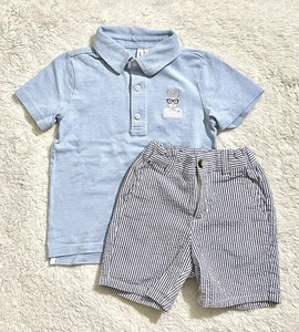 Janie and Jack Boys 4T Blue Polo Shirt Embroidery Bunny Rabbit Seersucker Shorts