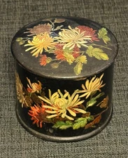 Antique Victorian Papier-Mache Powder Trinket Vanity Box Chrysanthemum 19th Cent