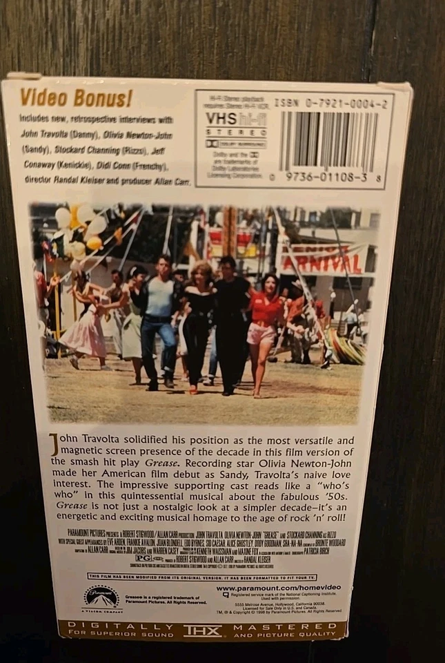 GREASE VHS 1998 Paramount John Travolta Olivia Newton-John - Image 2 of 2