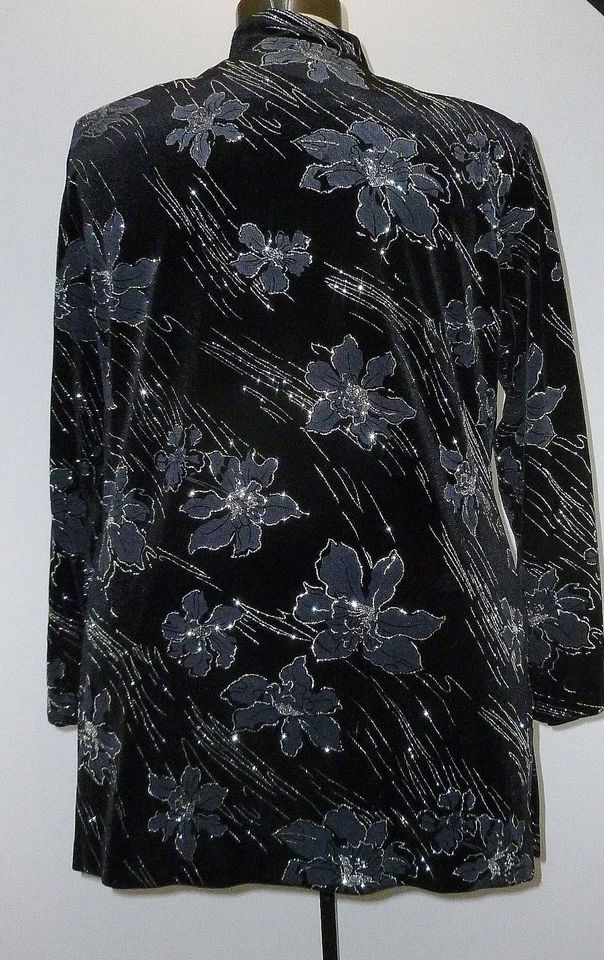 Mujer J.B.S. Plus Talla 2X Negro Terciopelo Plata Brillante Chaqueta Floral Vacaciones Asiática Foto 2 de 3