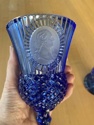 Avon by Fostoria Cobalt Blue Glass George Washington Colonial Goblet & Creamer - Picture 9 of 12