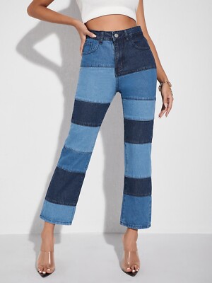 Damen Jeans Hose Patchwork Denim Blue Used Bootcut Gr L 40