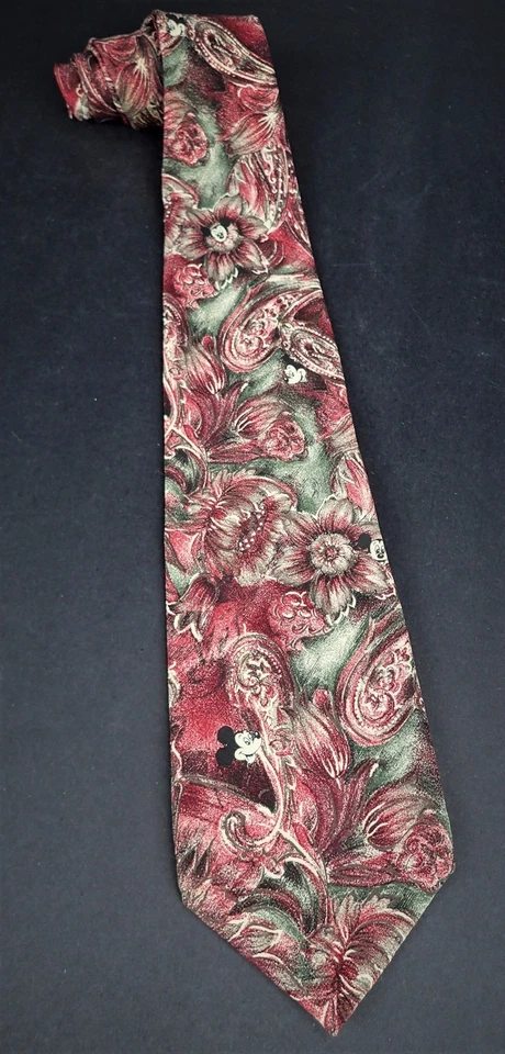 Corbata Mickey Mouse Paisley Floral Roja Verde Seda Disney Originales Hecha en EE. UU. Foto 3 de 4