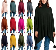 Damen Oversize Italienischer Lagenlook Hochgeschlossen Poncho Drapierte Seiten Quaste Pullover