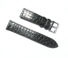 22mm Genuine Leather Black Croco Grain Thin Watch Band with 2 Spring Bars