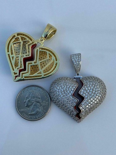 Solid 925 Silver/ 14k Gold Plated Broken Heart CZ Hip Hop HopHop Icy Heartbroken - Picture 8 of 16
