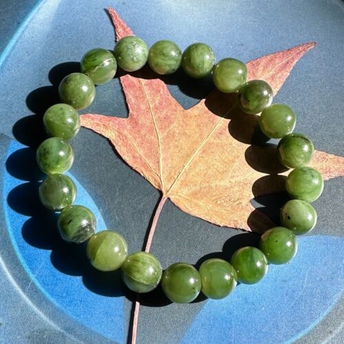 CLEARANCE Canadian Nephrite Natural Jade Bead Bracelet 9.2 mm Beads #289-4 - Afbeelding 1 van 6