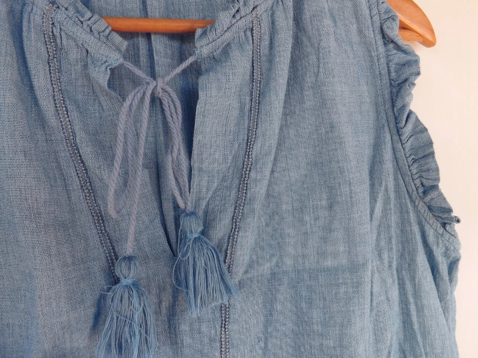 French Connection Top 14 Womens Blue Tassel Peplum Ruffle Tank Cotton Boho - image 3 of 4