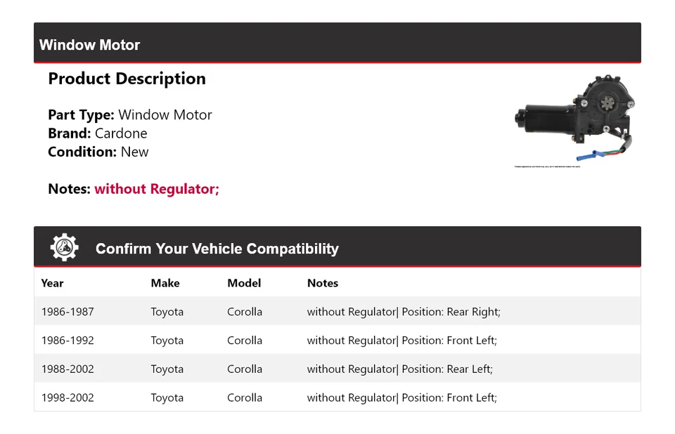 Para Toyota Corolla 1986-2002 Ventana Motor Cardone 1987 1988 1989 1990 1991 1992 Foto 2 de 4