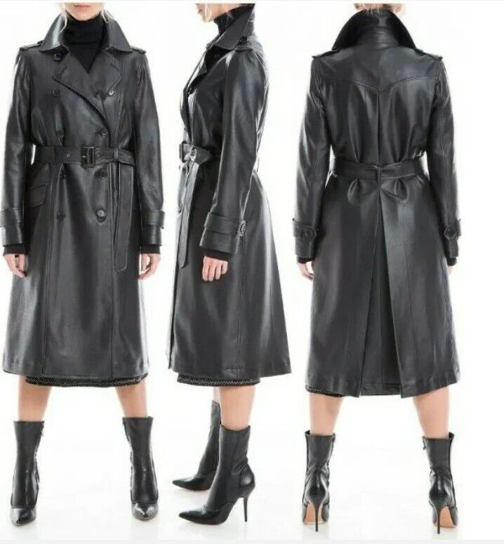MAX STUDIO FAUX Leather Black Long Double Breasted Belted MAX STUDIO FAUX Leather Black Long Double Breasted Belted