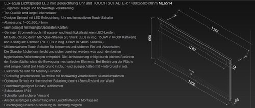 Badezimmerspiegel Wandspiegel Badspiegel LED Beleuchtung mit Touch & Uhr 140x65 - Bild 5 von 5