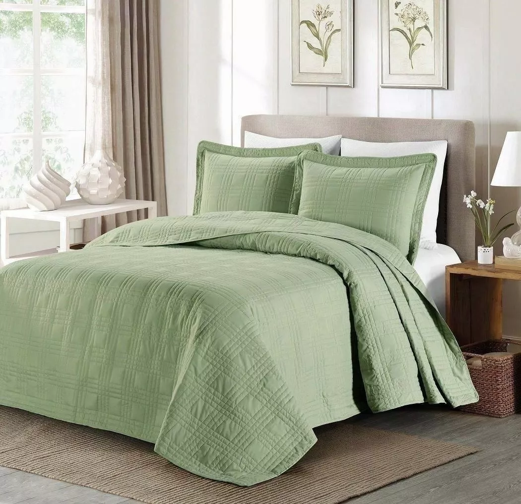 Queen Cal King Bed Sage Green Plaid Oversized 3 pc Quilt Set Coverlet Bedspread
