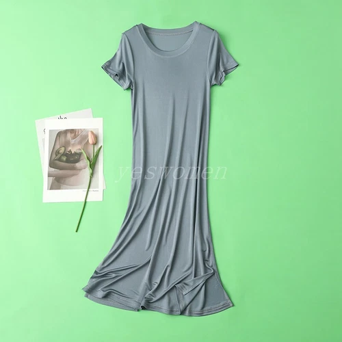 Women Mulberry Silk Long Shirts Short Sleeve Sleep Slips Dress Nightgown T Shirt - Bild 15 von 25