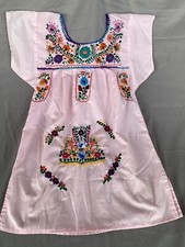 Handmade Mexican Dress Girls Light Pink Floral Embroidered Puebla Dress