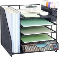 5-Tier Desk Organizer with Drawer and Pen Holder, Black  Paper Letter Tray