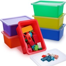 6 Pack Colored Plastic Storage Bins with Lids, Rainbow Opaque Stackable Cubby...