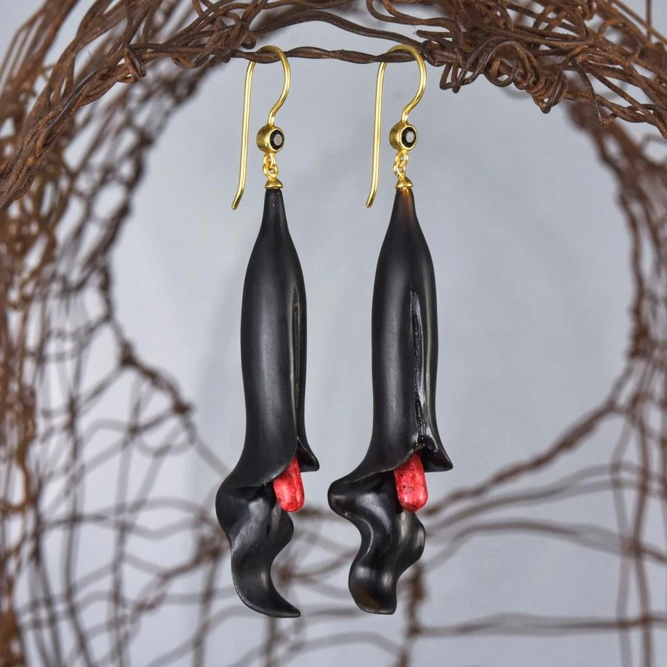 Carved Black Horn Flower Earrings Red Coral Spinel Gold Vermeil Sterling 8.23g - Image 4 of 4