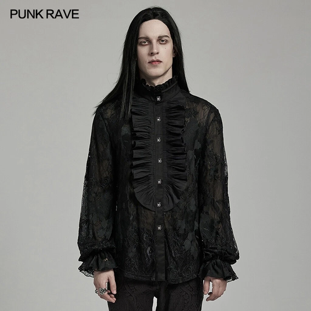 Punk Rave Mem Black Gothic Retro Men Floral Embroidered Lace Ruffle Party Shirt