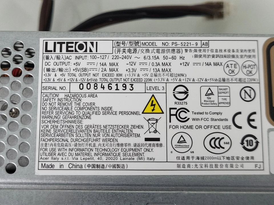 Acer Aspire Veriton 220W LiteOn Power Supply Unit PS-5221-9 PSU - Image 2 of 3