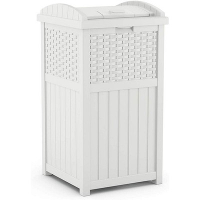 Suncast Wicker Resin Outdoor Hideaway Trash Can Bin with Latching Lid, White