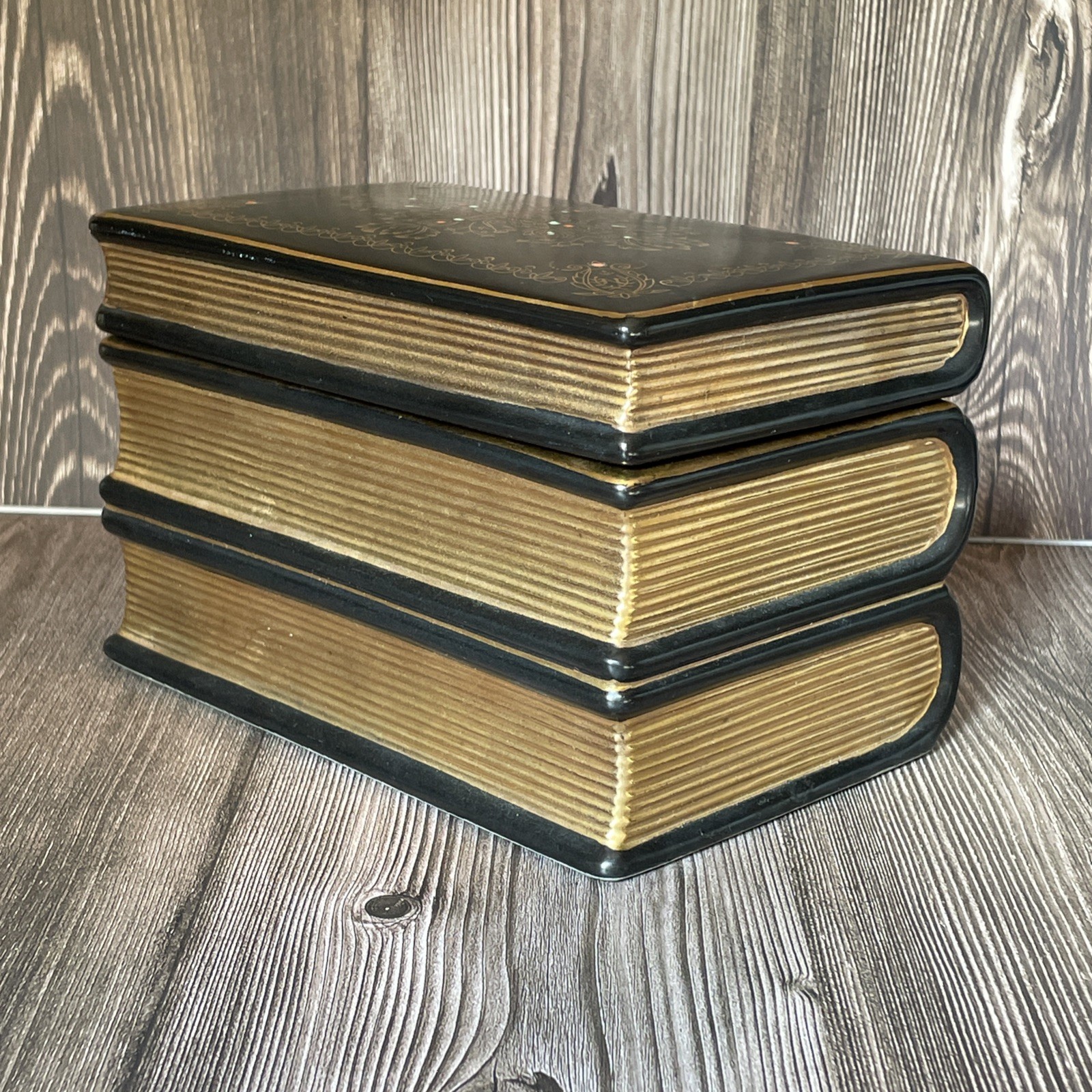 Decorative Book Shaped Ceramic Storage Trinket Box Black & Gold 7685
