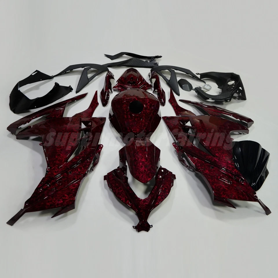 Red Black Forged Carbon Fiber Fairing Kit +Tank for Kawasaki Ninja 300 2013-2017 - Image 2 of 4
