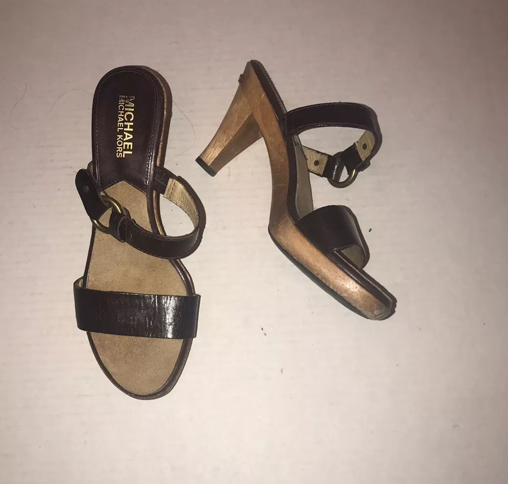 Michael Kors Womens Brown Leather 2 Strap Wooden Heels Sandals Sz 6