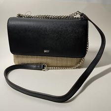 New DKNY Sina MD Flap Leather/Straw Women's Black/Beige Logo Crossbody Bag