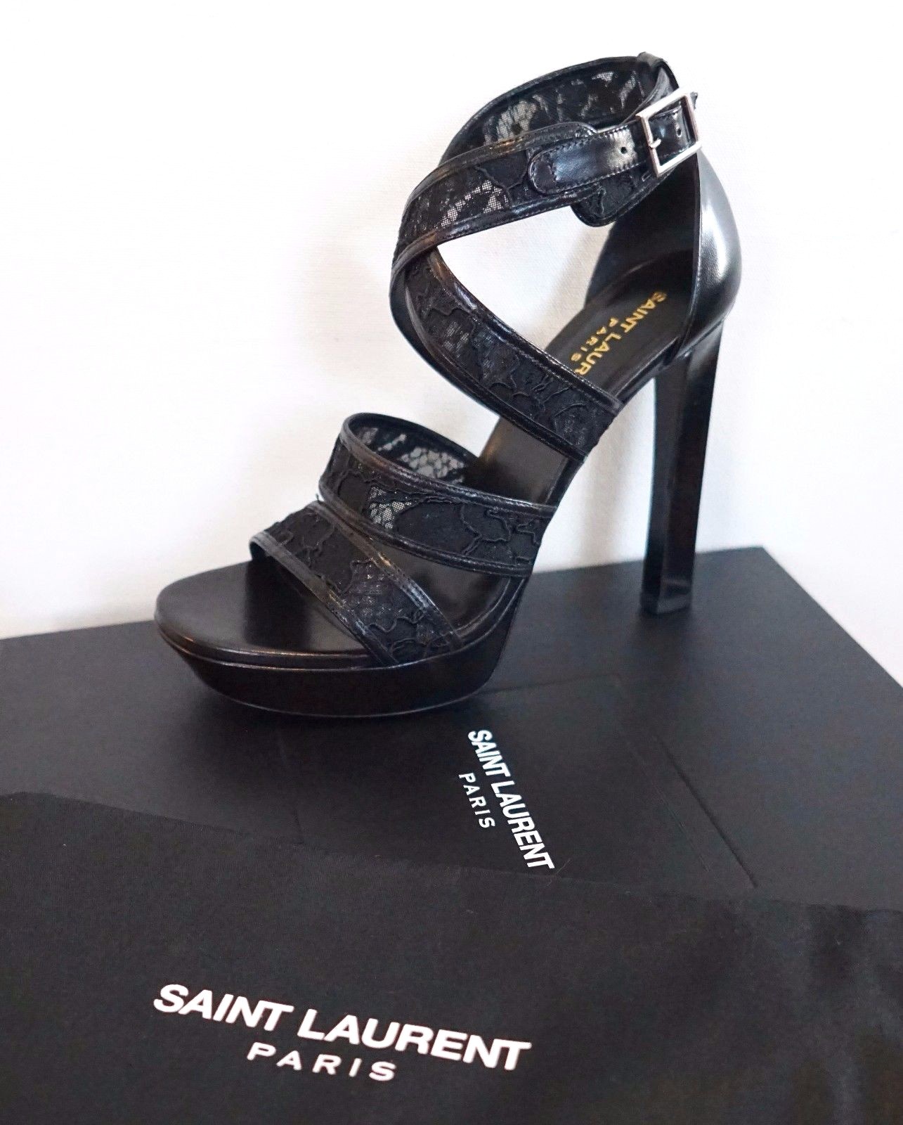 ️ SAINT LAURENT ""PALOMA 105"" scarpe con pompa sandalo in pizzo EUR 38 US 8"