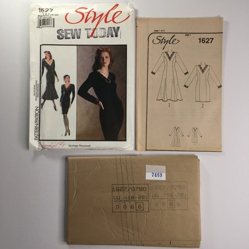 Style 1627 V Neck Trimmed Dress Flared Straight Long Ladies New Uncut Pattern - Picture 10 of 11