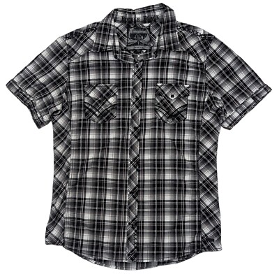 Buckle Black Snap Cowboy Western Shirt Mens XL Short Sleeve Slim Black Plaid EUC