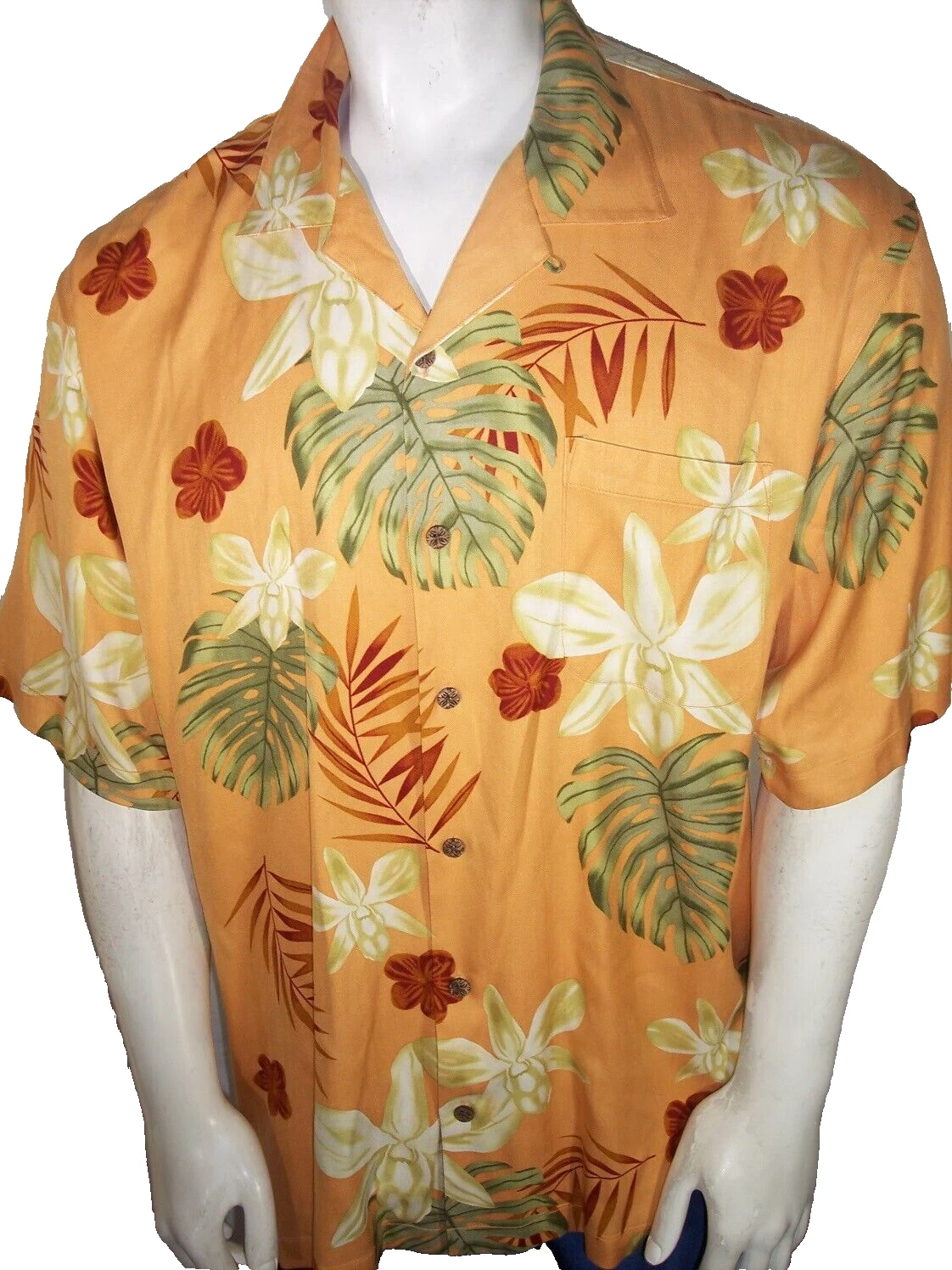 Tommy Bahama Mens XL Floral on Peach Silk Hawaiian Button-Down Shirt