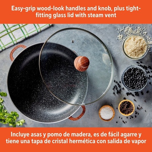 Nonstick Aluminum Caldero W/ Glass Lid Wood Look Handles Versatile Cooking New - Afbeelding 4 van 8