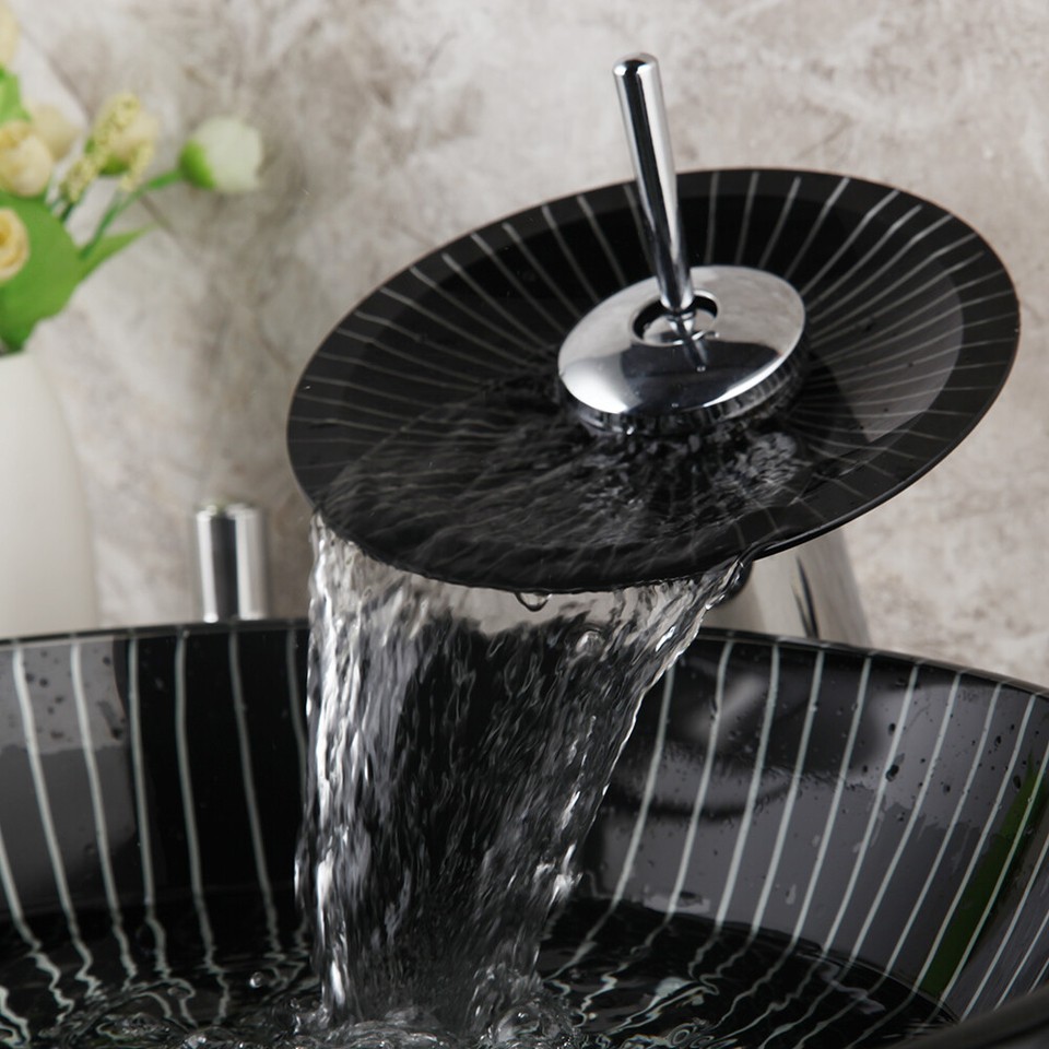 Black Tempered Glass Bathroom Basin Bowl Container Vessel With Mixer ...