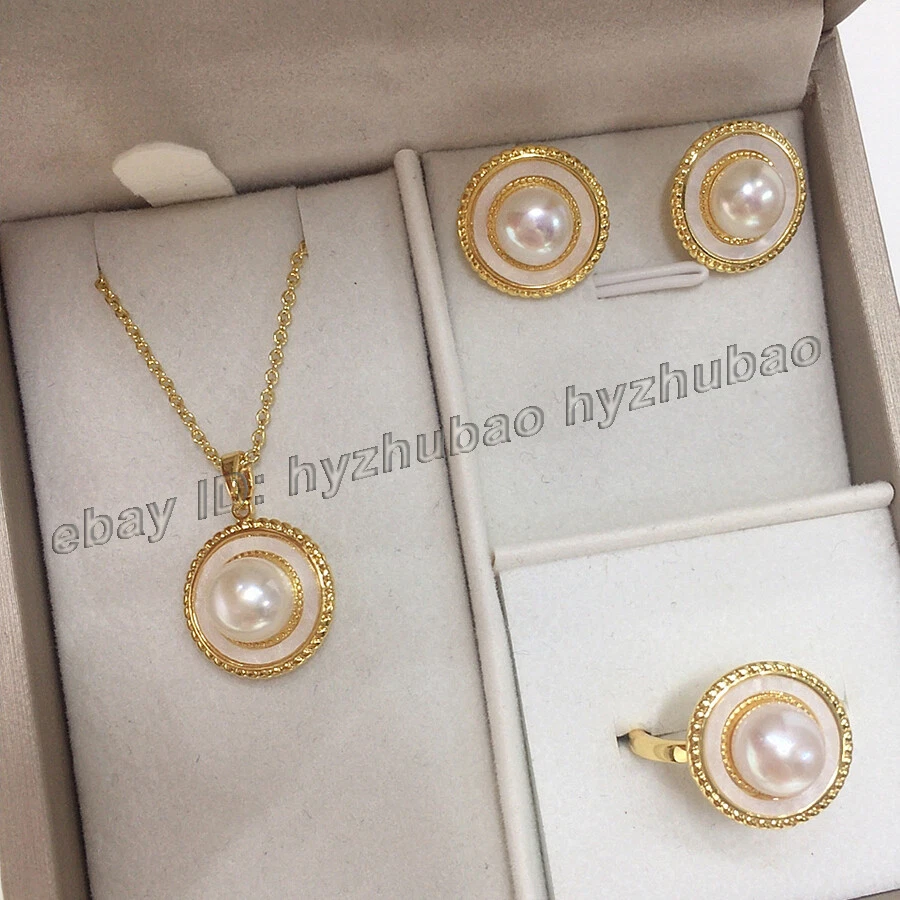 Conjunto de aretes de oro con incrustaciones de perlas naturales + anillo + collar colgante Foto 2 de 4