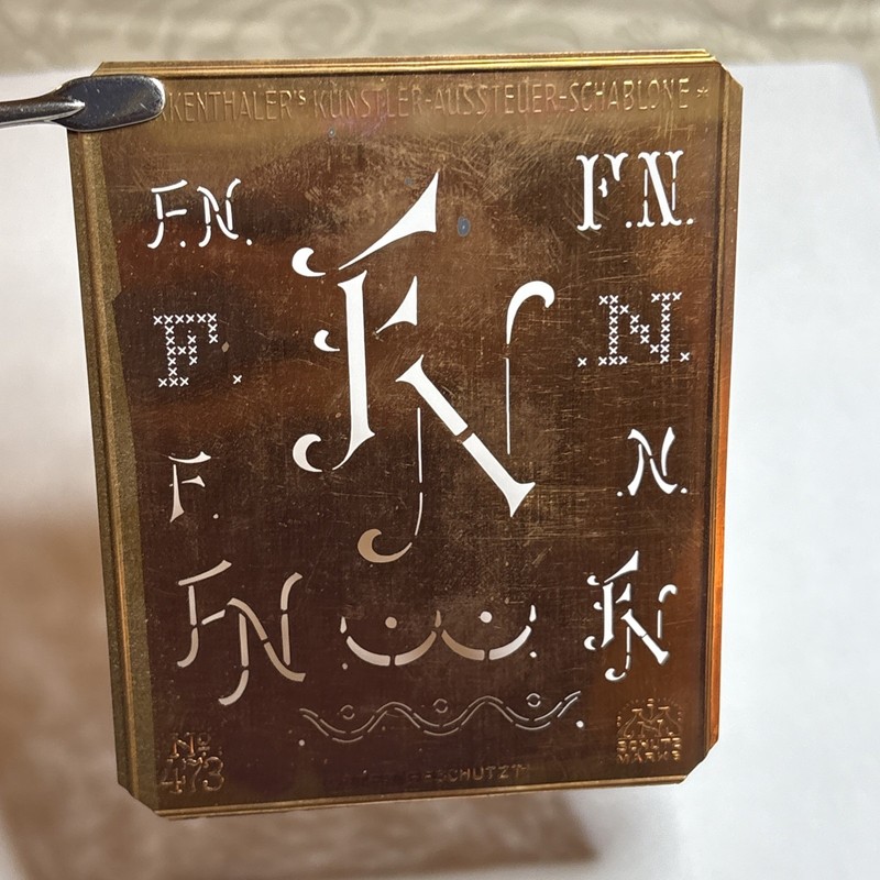 FN F N monogram initials letters copper stencil antique family tree name sign