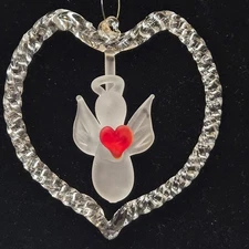 VINTAGE Blown Glass ANGEL Ornament Red Heart Clear HEART Frame Frosted Figure