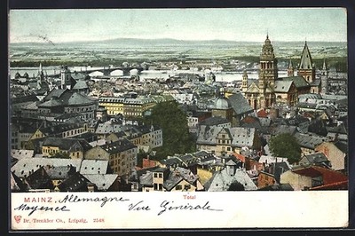 Ansichtskarte Mainz, Totalansicht mit Dom und Rheinbrücke 1914 