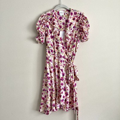 MISA Los Angeles Ruffle Pink Floral True Wrap Dress Size Medium Romantic Whimsy