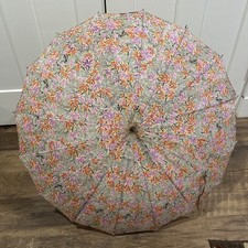 Vintage Floral Umbrella Art Deco Metal Handle Pink Black